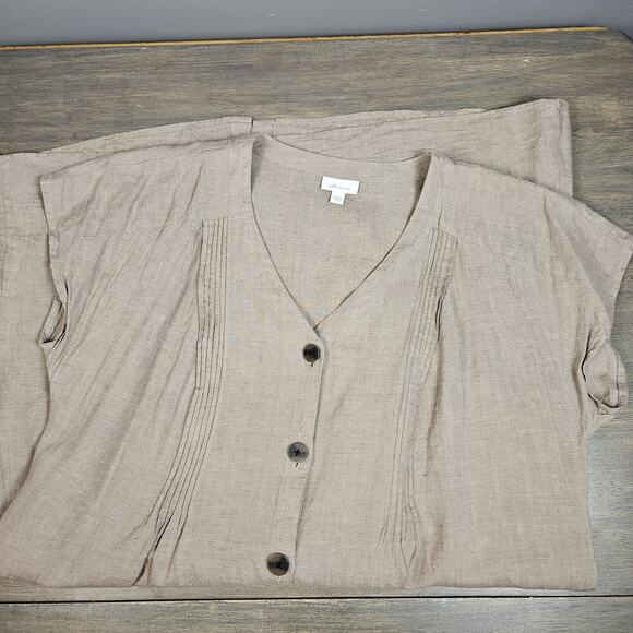 J. Jill Love Linen Button Down Shirt Dress Midi XL Tan Brown Pintuck Lagenlook - Picture 4 of 7